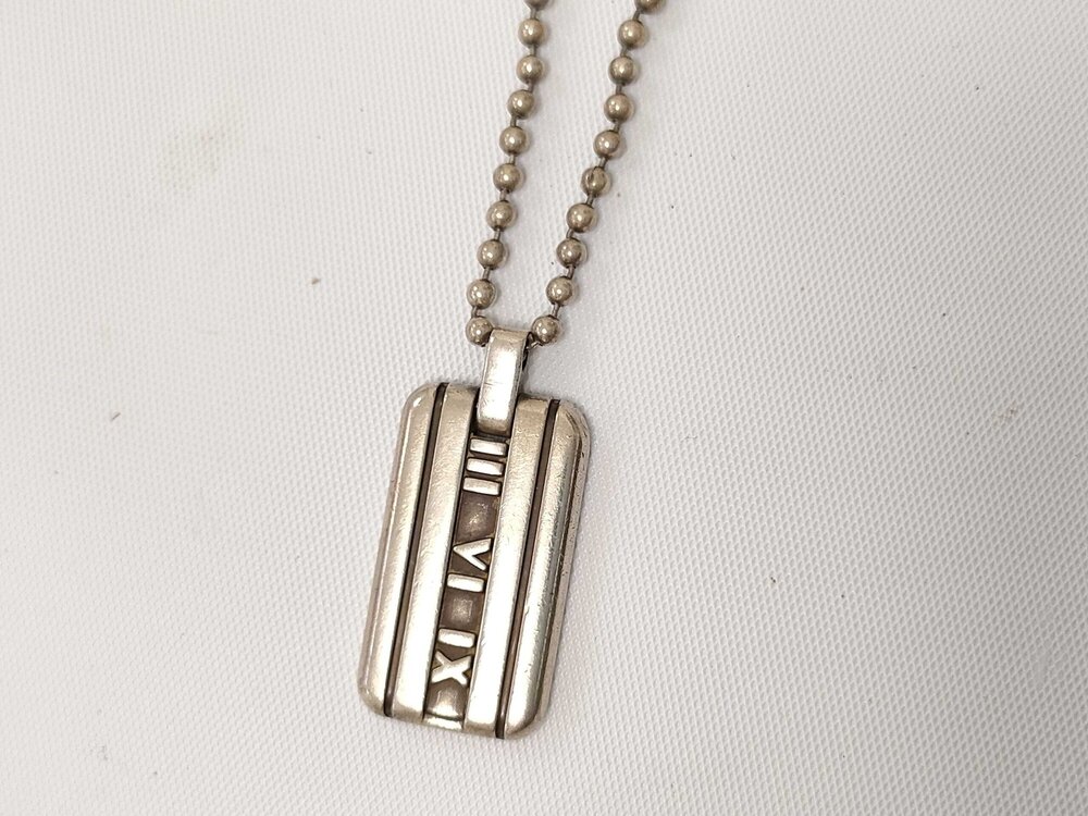 Tiffany & Co. Atlas Dog Tag Bar Pendant Necklace in solid .925 sterling silver